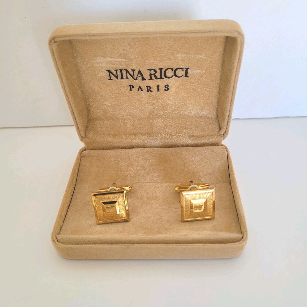 Nina Ricci‎ N French Cufflinks Set Gold Tone Logo Rectangle Box Retro Vintage